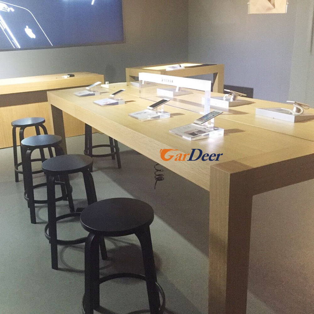 High quality 24001200900mm wood grain wood display table for apple store experience