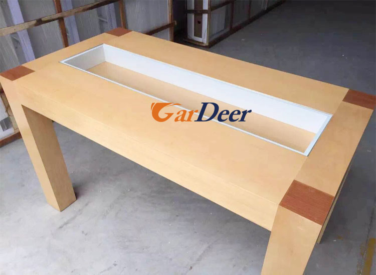 High quality 24001200900mm wood grain wood display table for apple store experience