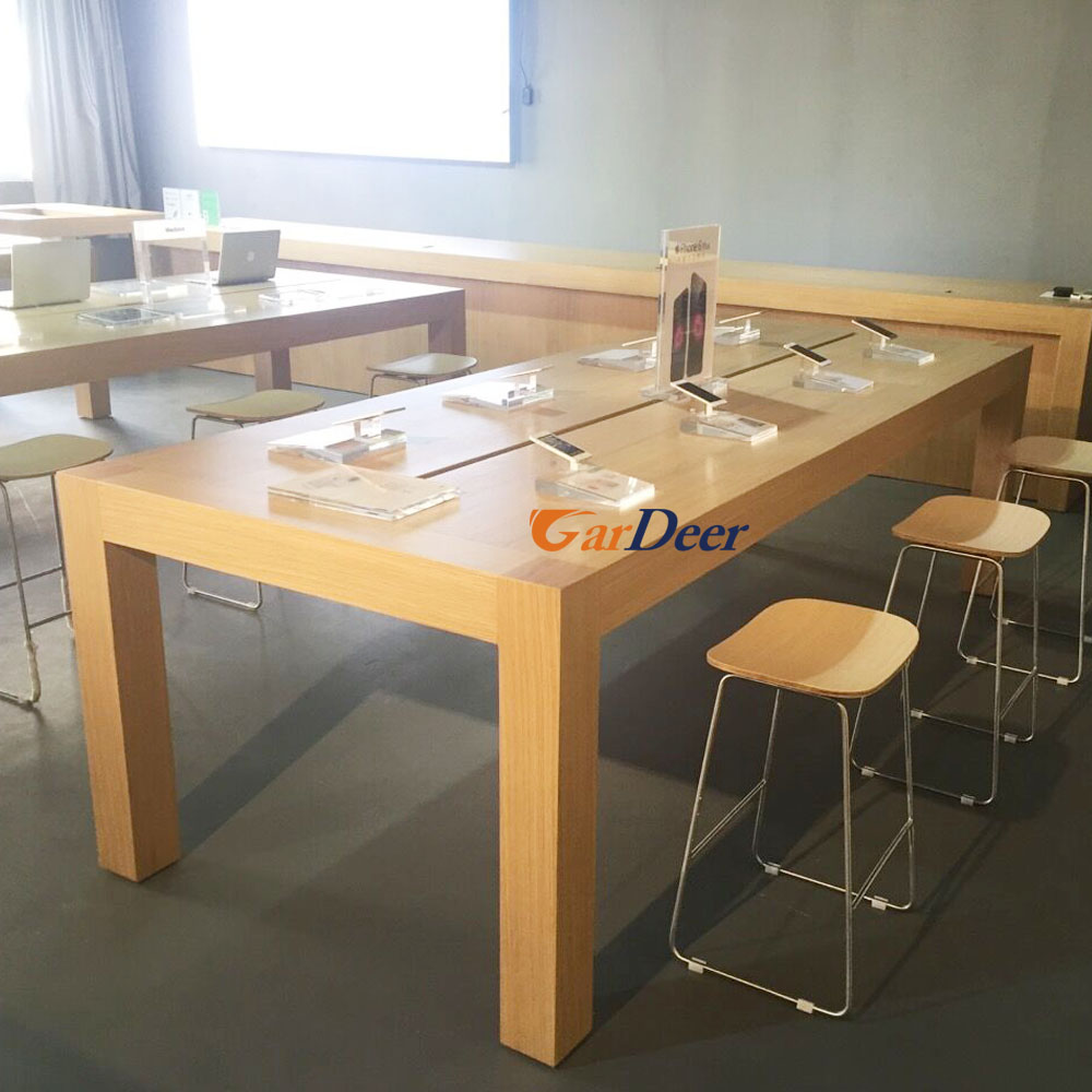 High quality 24001200900mm wood grain wood display table for apple store experience