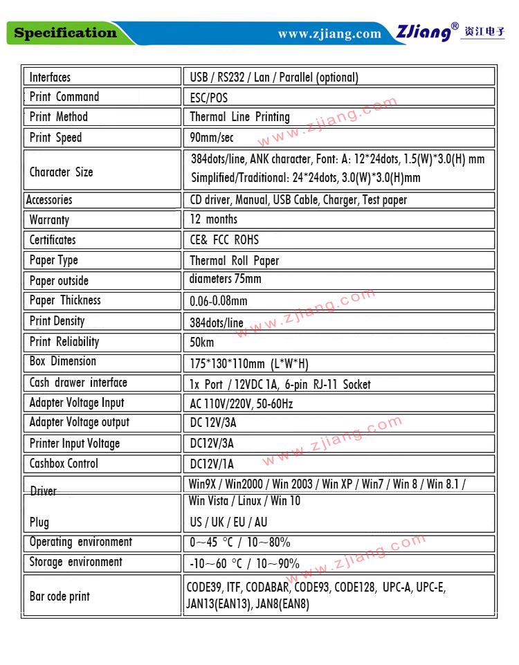 UBS Driver POS ZJ5890D Restaurant 58mm Ticket Printer