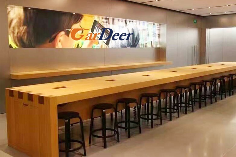 Shenzhen customized ash tree wood grain wood cashier desk for apple store experience
