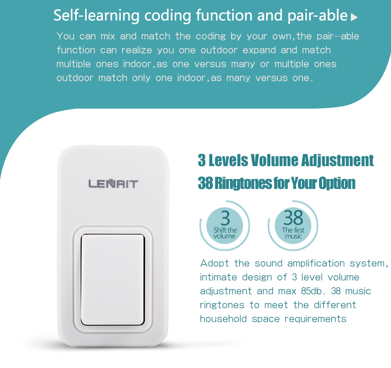 Wireless Doorbell No Battery 3 Levels Adjustable 38 Tunes ABS Flame Retardant Material