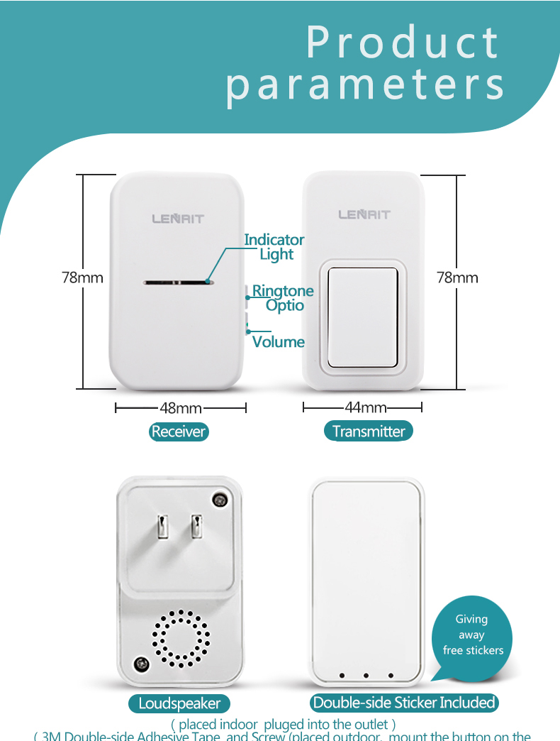 Wireless Doorbell No Battery 3 Levels Adjustable 38 Tunes ABS Flame Retardant Material