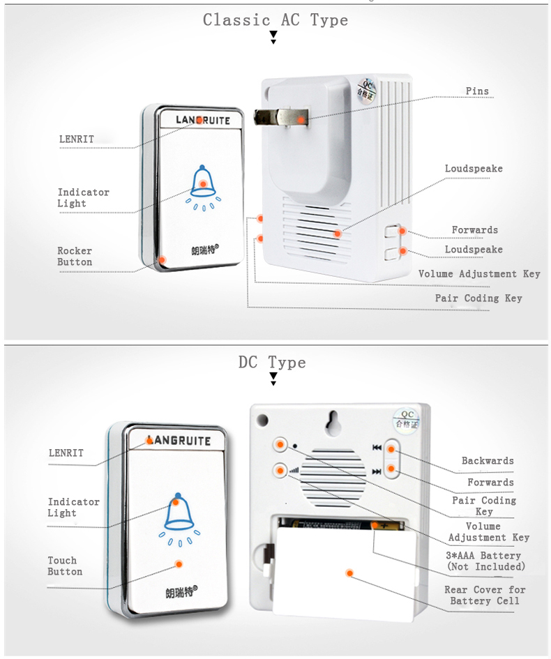 waterproof doorbell 48music one to two plug or battery