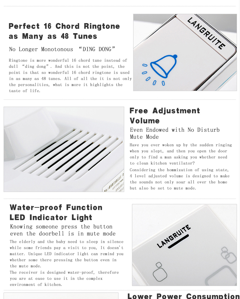 waterproof doorbell 48music one to two plug or battery