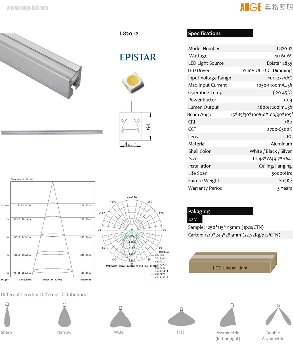 40W 60W LED Linear Light 12meter LED Linkable Linear Lights 010VDALI Dimming Linear Light