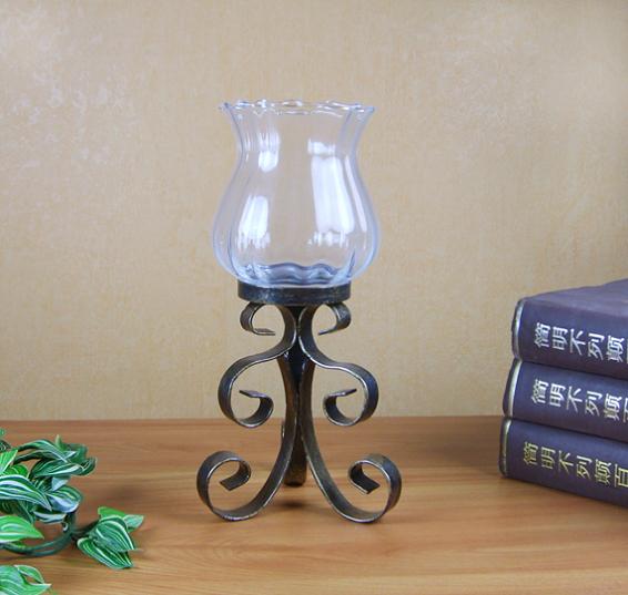 home decoration table antique metal candle holder with glass without candle