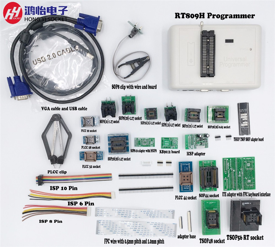 Universal RT809H EMMCNand FLASH Programmer 24 ADAPTERS WITH CABELS EMMC Nand Motherboard LCD reader Free Shipping