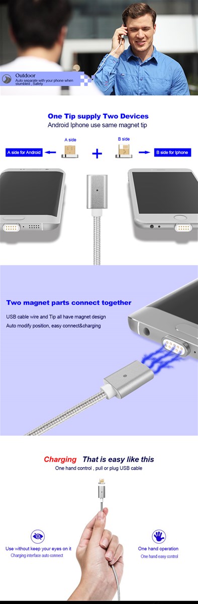 Double side android magnet cable nylon magnetic cable micro USB for mobile phone
