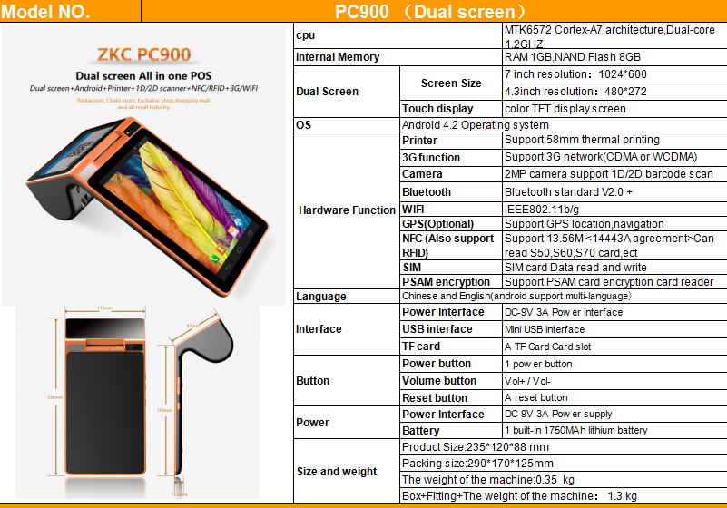 ZKC900 GPRS 3G WiFi Android Tablet PC POS Terminal with Integrated Thermal Printer