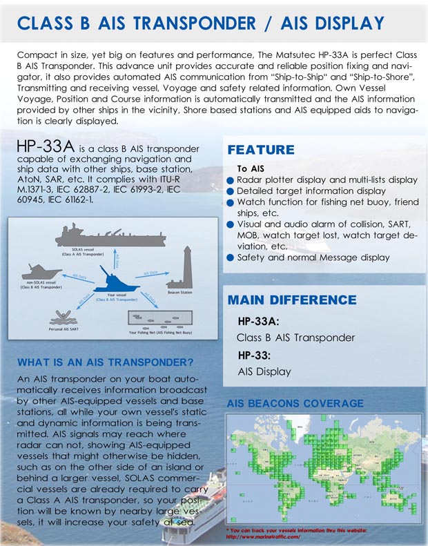 Matsutec 43 color LCD diaply AIS transponder combo with GPS HP33A