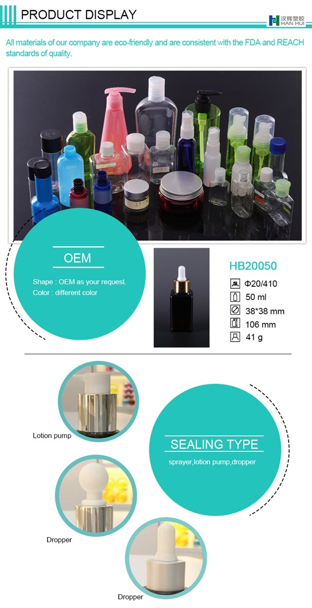 Wholesale manufacturer PET 50ml cosmetic dropper bottle