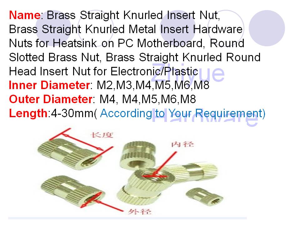 Brass Straight Knurled Insert NutsRound Slotted Brass Nuts