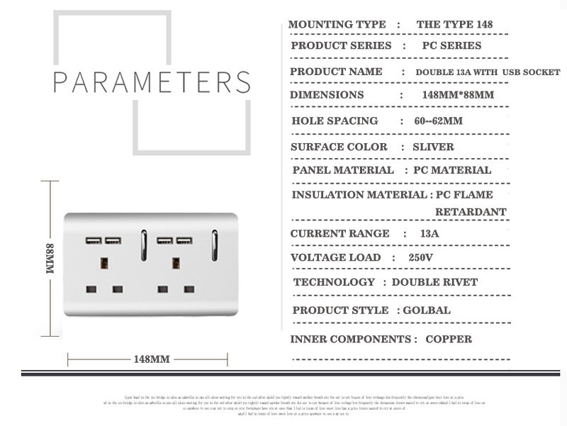 MVAVA Double UK Standard 13A Wall Socket With USB Socket Sliver PC Series 3 Pin UK Wall Socket Fast Charge USB Socket