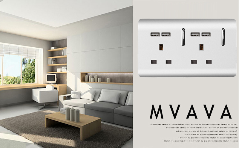 MVAVA Double UK Standard 13A Wall Socket With USB Socket Sliver PC Series 3 Pin UK Wall Socket Fast Charge USB Socket