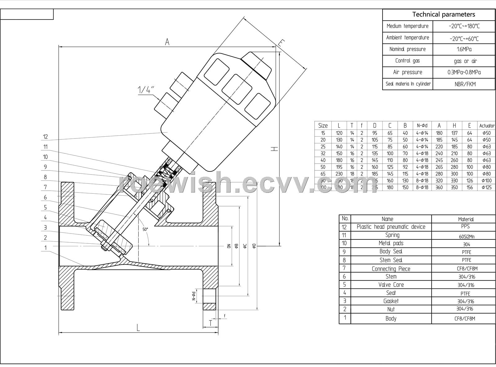 Flanged Pneumatic Angle Seat Valve with PPS Actuator