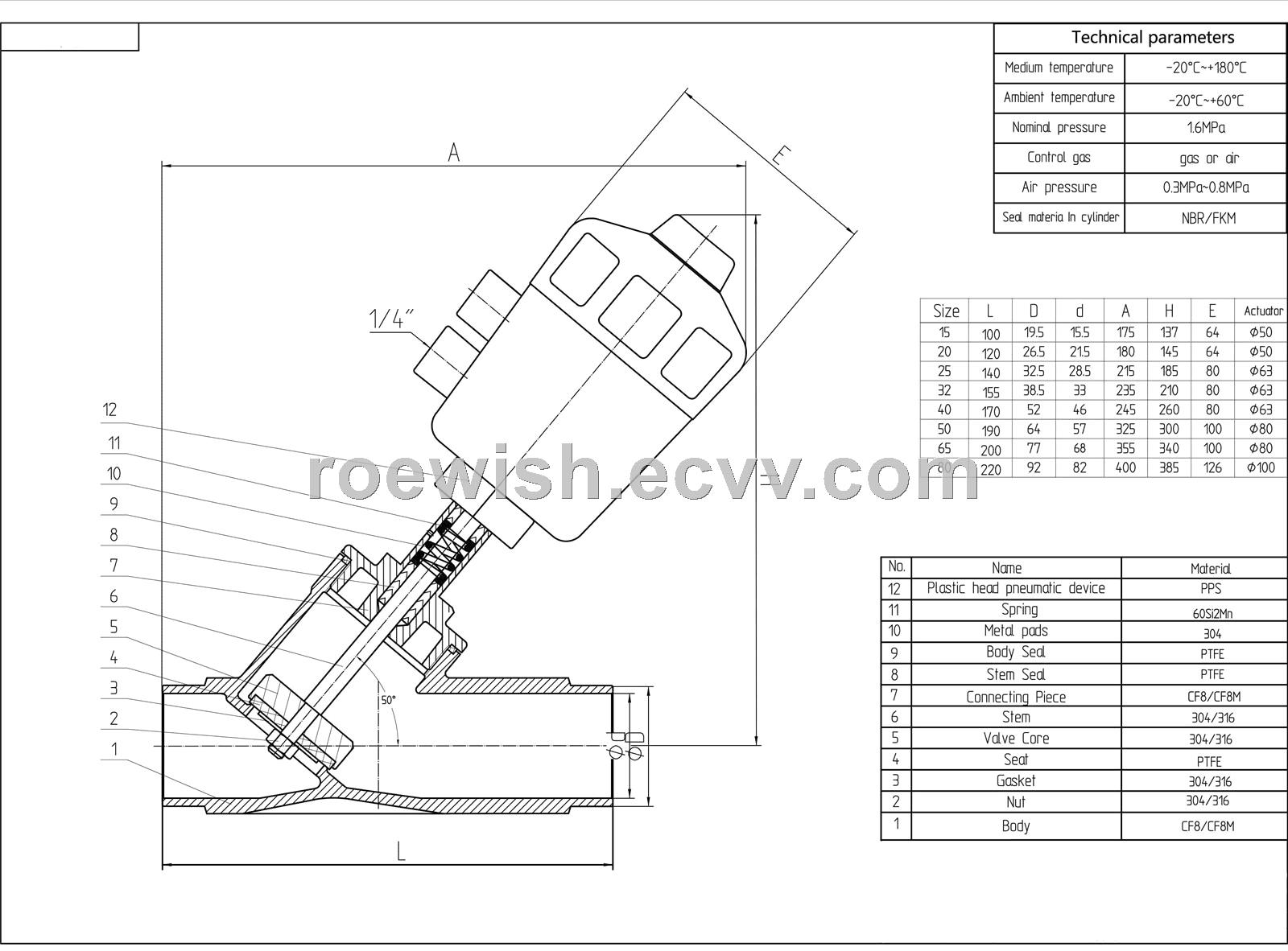 Welded Ends Pneumatic Angle Seat Valve with PPS Actuator