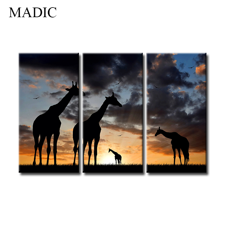 Canvas art home decor 3 panel oil painting of giraffe african landscape canvas prints for living room decoration