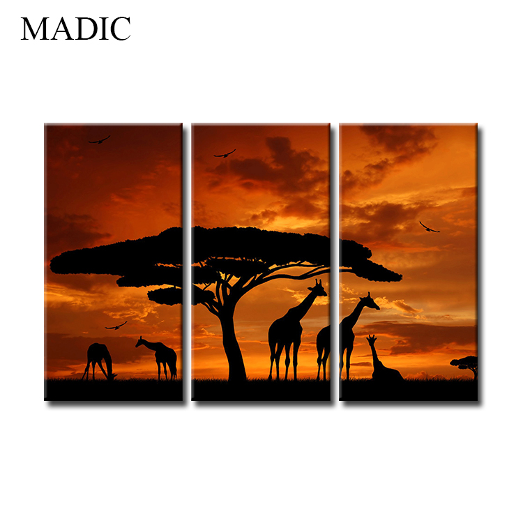 Canvas art home decor 3 panel oil painting of giraffe african landscape canvas prints for living room decoration