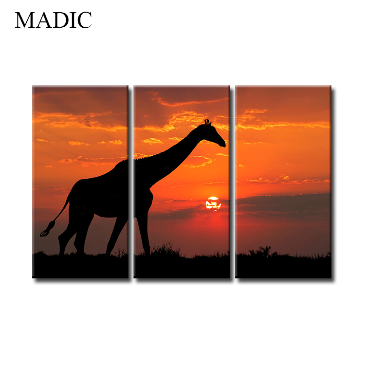 Canvas art home decor 3 panel oil painting of giraffe african landscape canvas prints for living room decoration