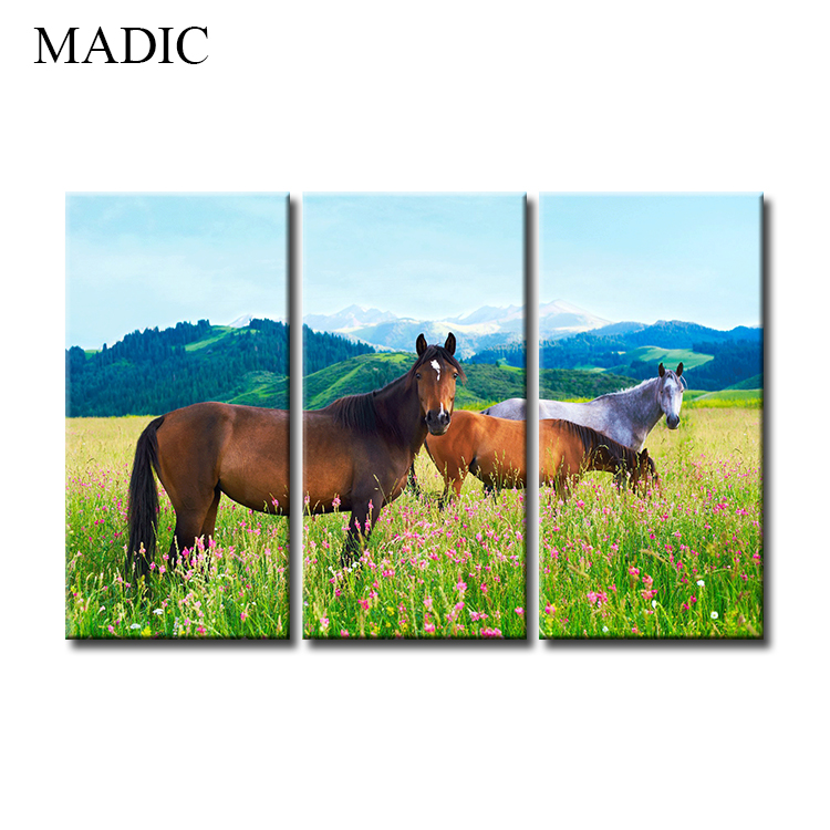 Decorative pictures printed oil painting 3 panel horse wall art on canvas for home decoration