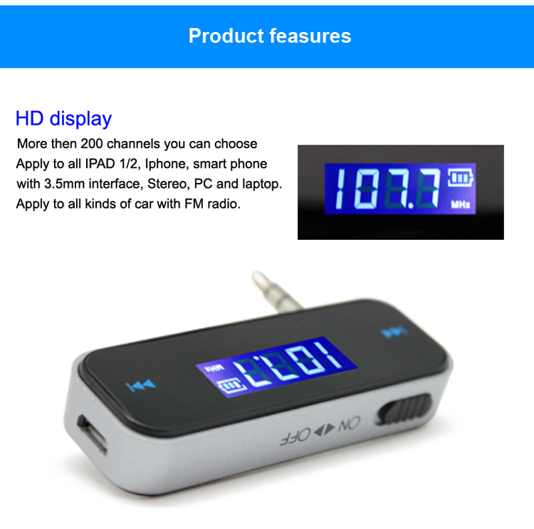 GXYKIT Car Audio FM transmitter F1 Car Music transmitter with builtin lithium battery