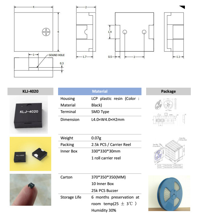 Ultra Small SMD Electromagnetic Buzzer 3V110mA73dB KLJ4020