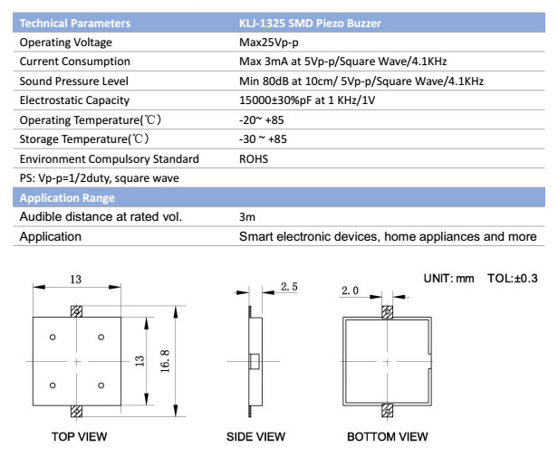External Drive Piezo SMD Buzzer Audio Transducer for home applicane and more KLJ1325
