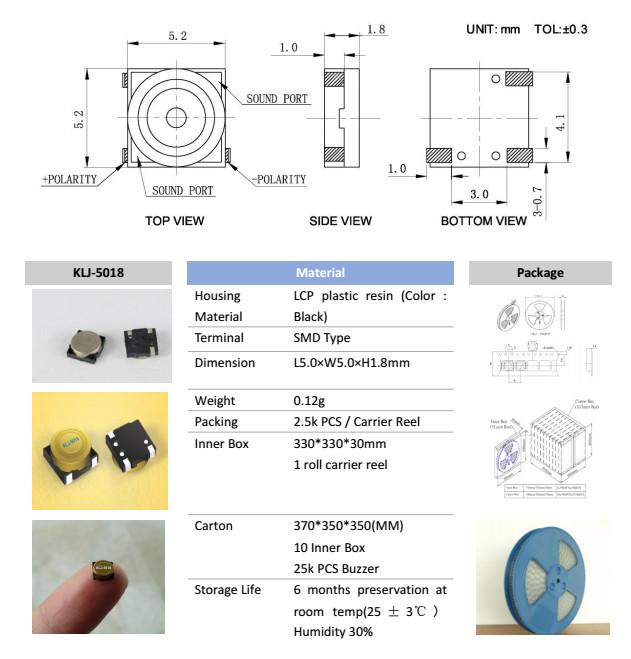 L50mmW50mmH18mm Micro Small SMD Buzzer Magnetic Buzzer 3V KLJ5018