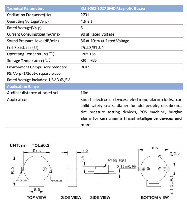 SMD Buzzer Passive Magnetic Buzzer Speaker Alarm Acoustic Component L105mmW 90mmH32mm KLJ90325027