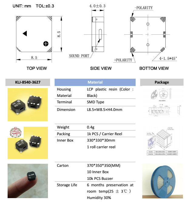 SMD Buzzer Ultralthin Magnetic Buzzer Audio Transducer 36V L85mmW85mmH40mm KLJ85403627