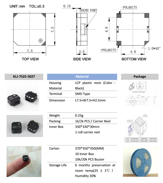 Small Surface Mounted Buzzer Micro Buzzer KLJ75255027