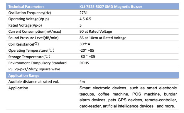 Small Surface Mounted Buzzer Micro Buzzer KLJ75255027