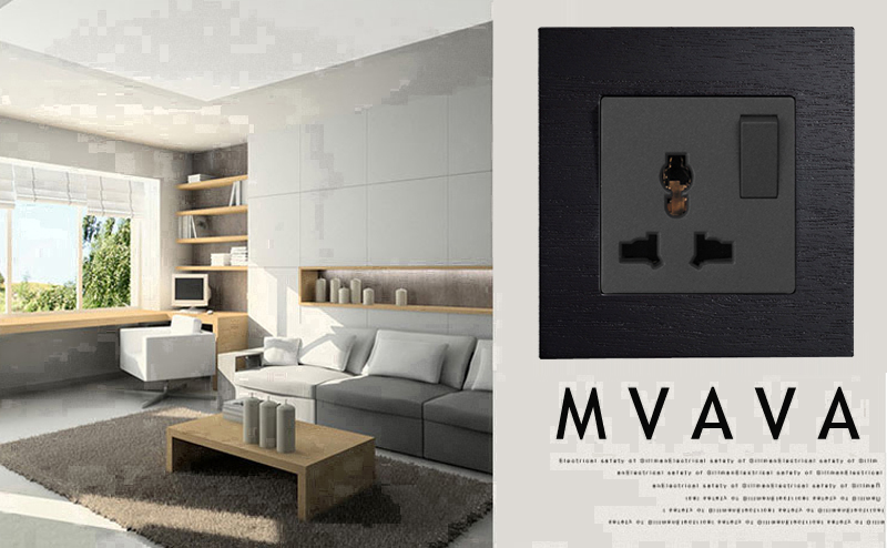 MVAVA 3 Pin Multifunction Wall Light Socket Black Artificial Wood Panel UK 13A Switched Socket With LED Indicator 8690M