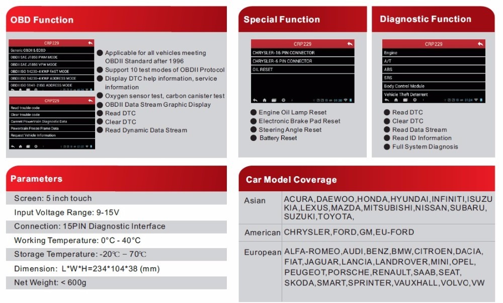 New Launch x431 Creader CRP229 Touch 50 Android System OBD2 Full Diagnostic Update Online WiFi Supported CRP 229 Code