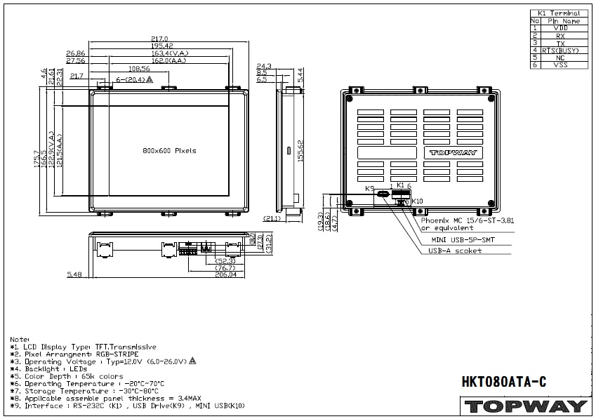 800X600 8 TFT LCD Display RS232 Interface Smart TFT LCD Module HKT080ATAC with housing