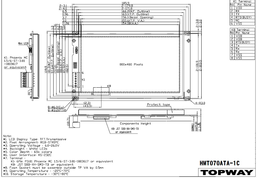 800X480 7 TFT LCD Display RS232 Interface LCD Module HMT070ATA1C