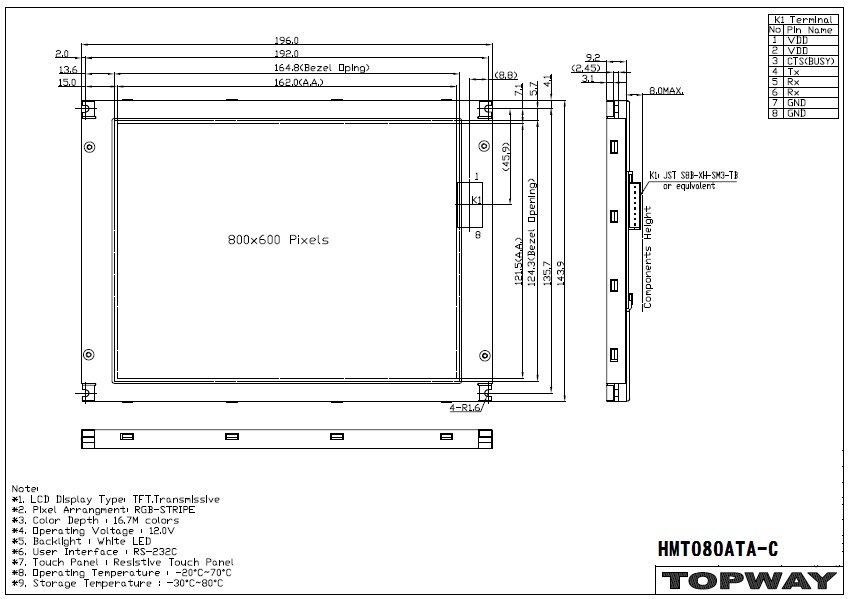 800X600 8 TFT LCD Display RS232 Interface Smart TFT LCD Module HMT080ATAC