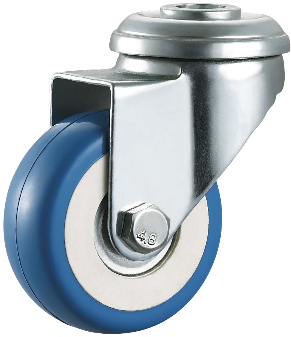 Medium duty caster wheel hardware plate blue PU plastic double ball bearing wheels