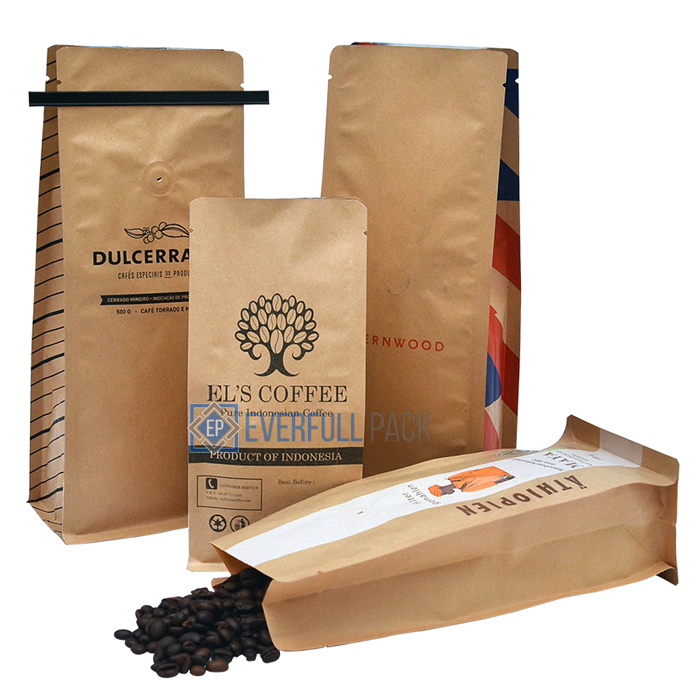 Customized Printed Coffee Kraft Paper Flat Bottom Bag Box Pouch Food