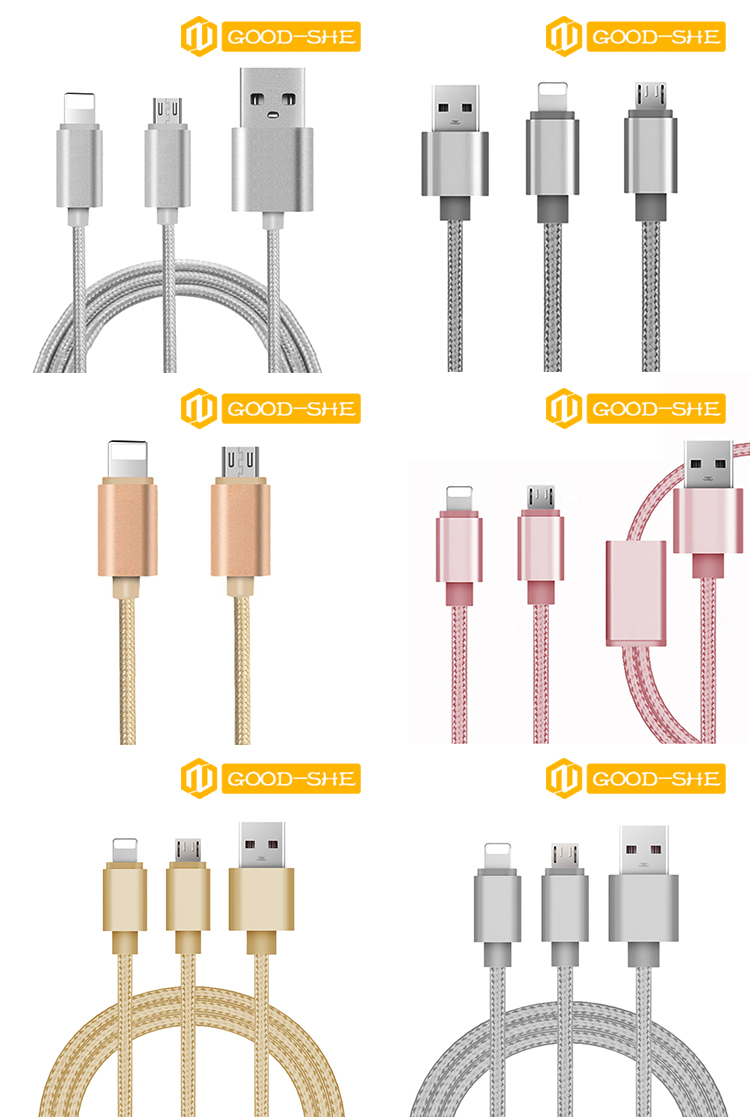 Multi 2 in 1 USB cable slim braided micro USB cable for cellphone
