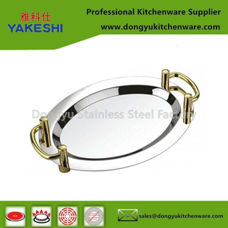 oval shape stainless steel hotel serving tray with handle