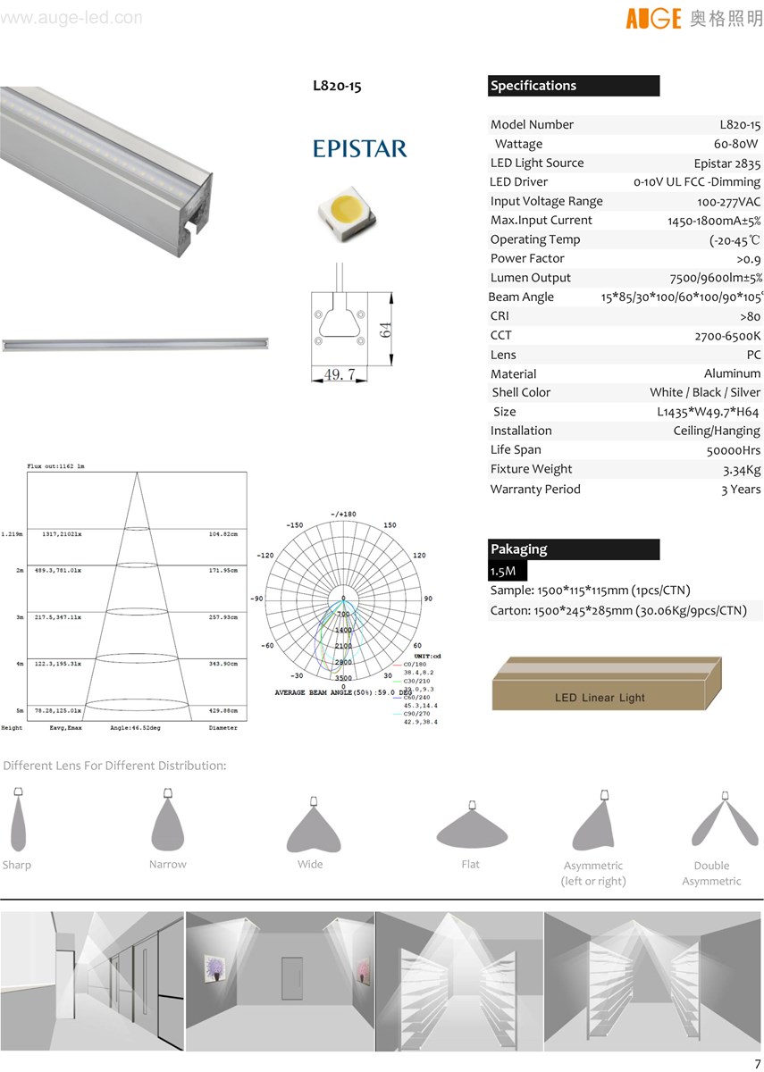 60W 80W LED Linear Light 15meter Linkable Linear Lights Asymmetric Beam LED Linear Lights Dimmable