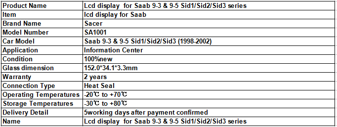 LCD Display for Saab 93 95 Sid1Sid2Sid3 SA1001