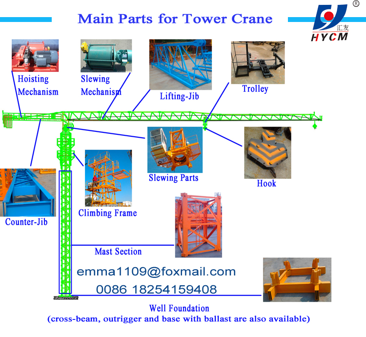 QTZ250 PT7025 Topless Tower Crane 12tons Maxload 70m Boom length L68 Mast Section