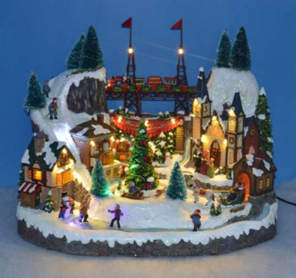 15 Warm White Light Village Scene with Two Movements Rotating Carriage Top with Moving Train 8 Christmas Songs