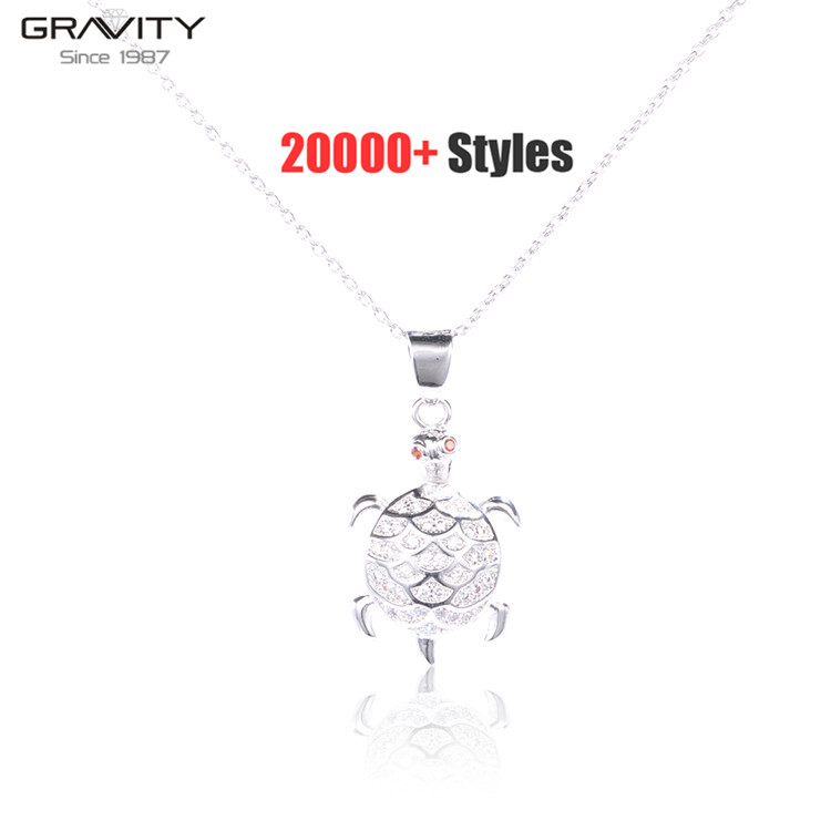 Fashion latest design initial long chain 925 silver pendant custom tortoise shape zircon jewelry necklace set