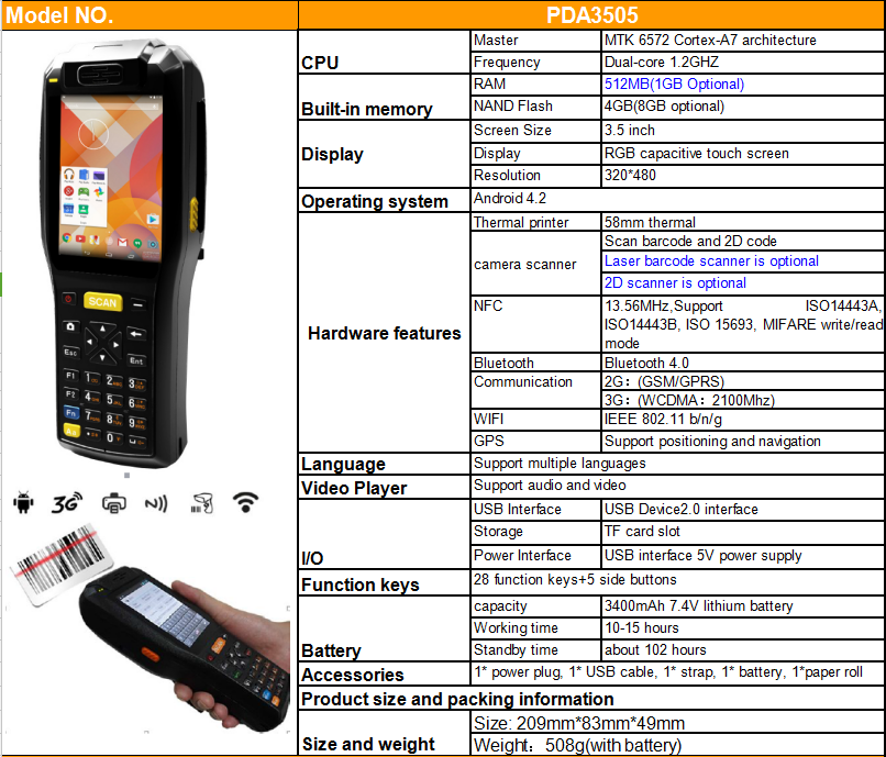 35 inch Android Wireless Barcode Scanner with Printerhandheld PDAMobile Data Terminal ZKC3505