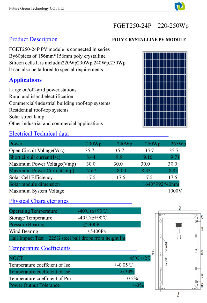 36V 200W Wholesale Renewable Photovoltaic Solar Energy PV Panel