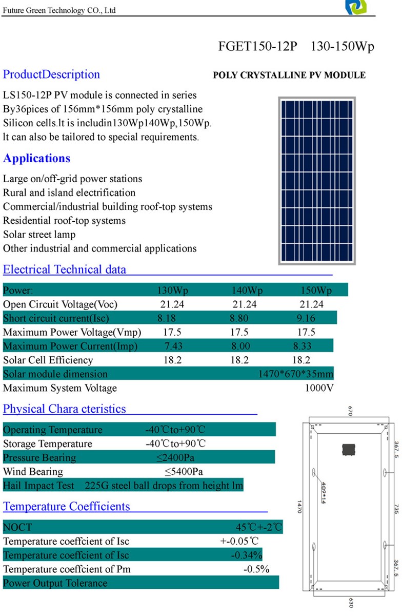 150W Renewable Energy Polycrystalline Photovoltaic Panneau Solaire Solar Panel